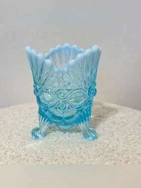 Mosser Glass Aqua Blue Opalescent Footed Eye Winker Spooner Vase Candy Dish